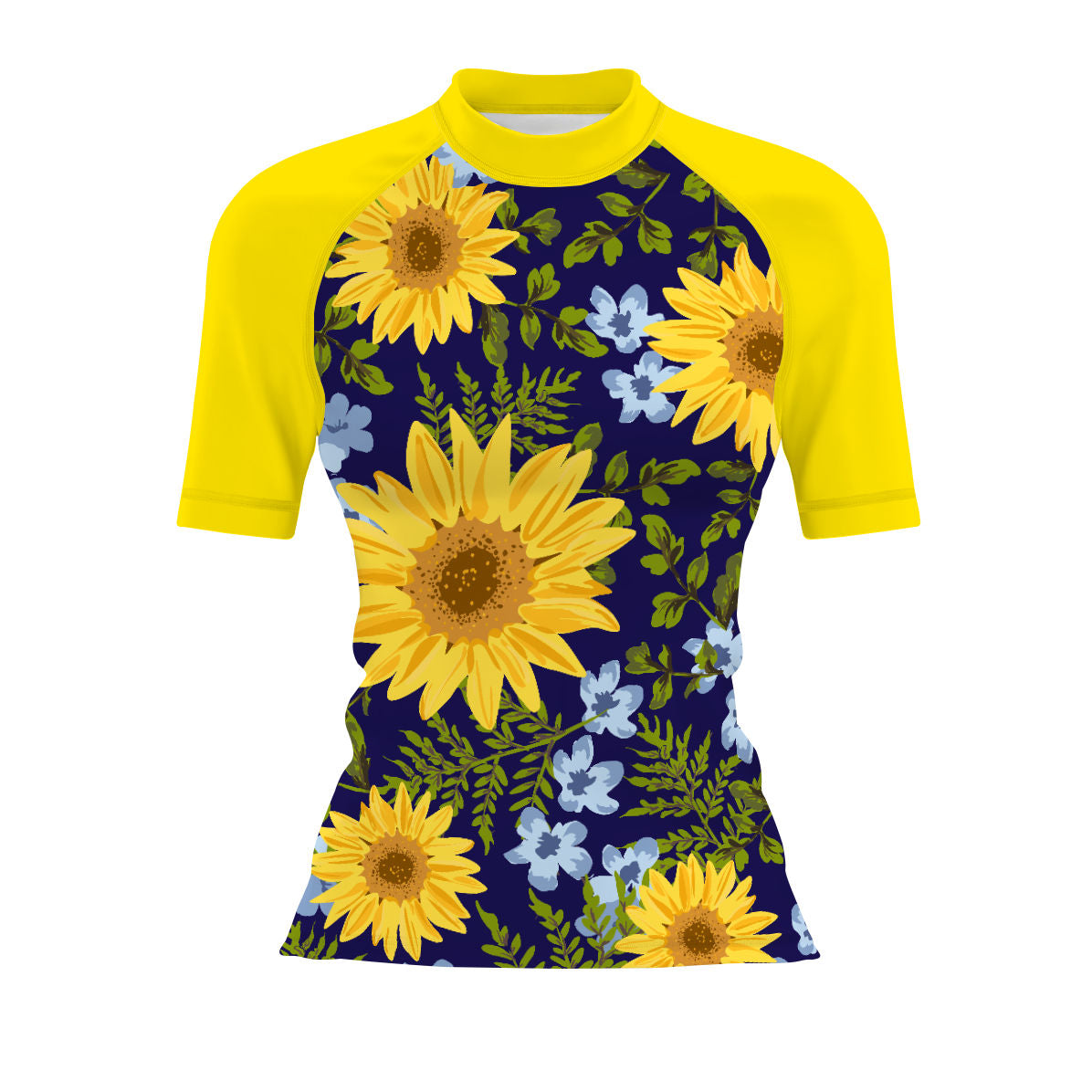 Blue Sunflower V1 - Women's Surf UPF50+ Short Sleeve Rash Guard