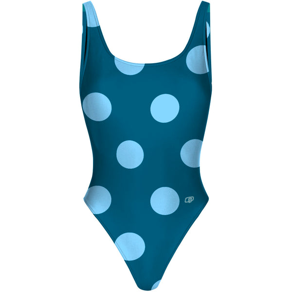 Teal-Blue Polka Dots - High Hip One Piece Swimsuit