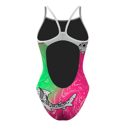 Sharkie SS White Pink Green (Lisa R) - Skinny Strap Swimsuit