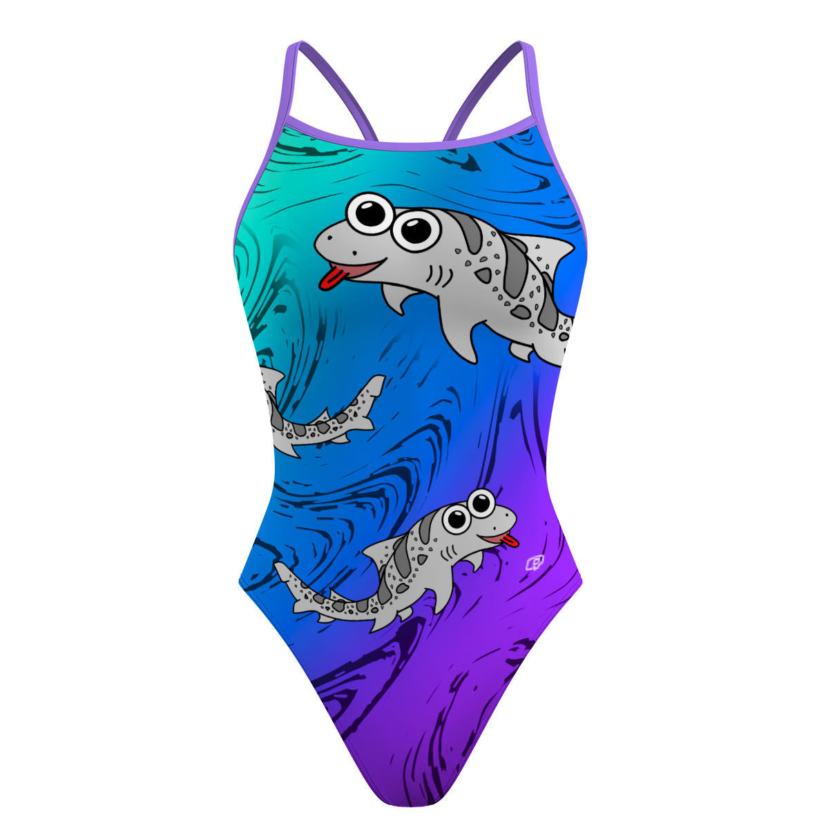 Sharkie SS Teal Blue Purple Dark (Angela) - Skinny Strap Swimsuit