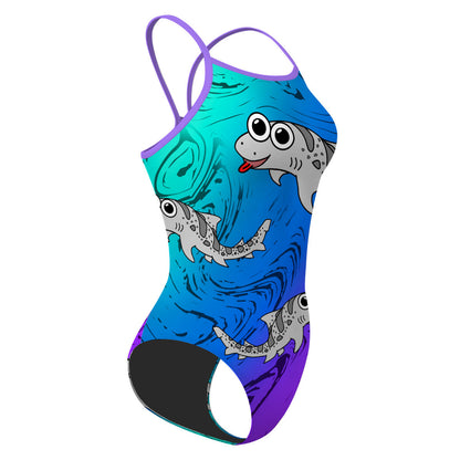 Sharkie SS Teal Blue Purple Dark (Angela) - Skinny Strap Swimsuit