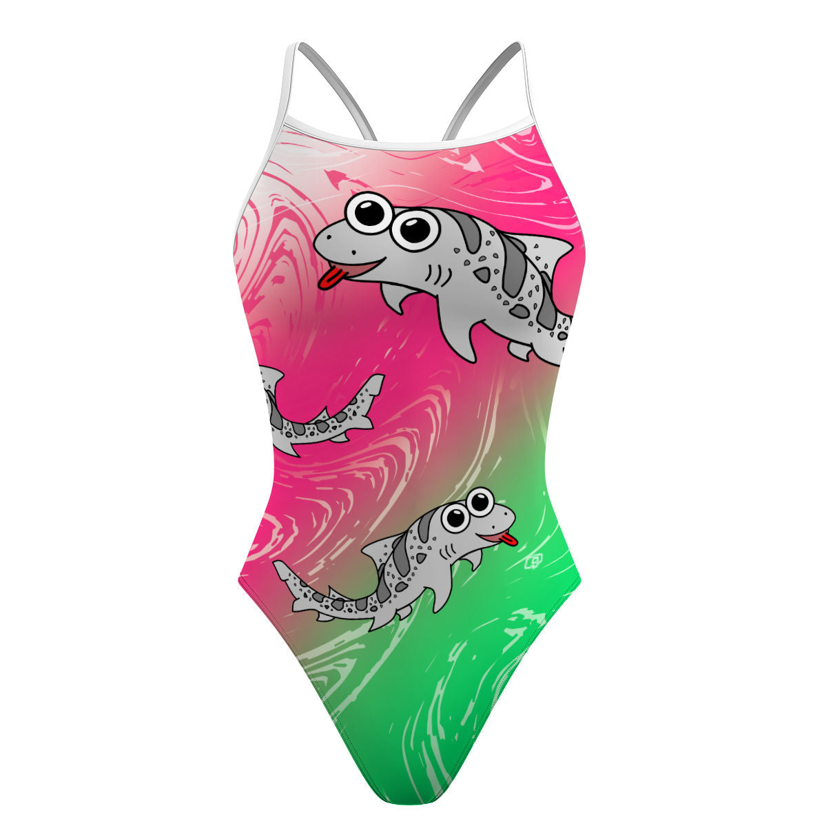 Sharkie SS White Pink Green (Lisa R) - Skinny Strap Swimsuit