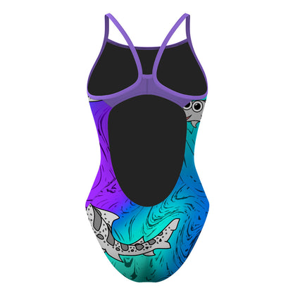 Sharkie SS Teal Blue Purple Dark (Angela) - Skinny Strap Swimsuit