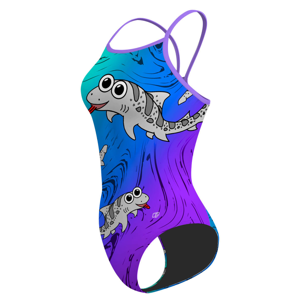 Sharkie SS Teal Blue Purple Dark (Angela) - Skinny Strap Swimsuit