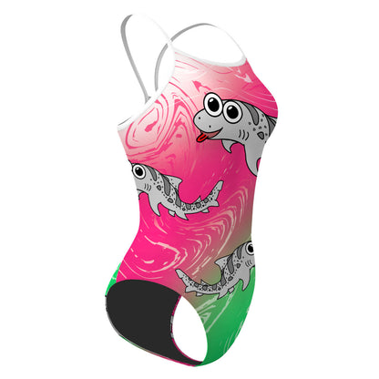 Sharkie SS White Pink Green (Lisa R) - Skinny Strap Swimsuit