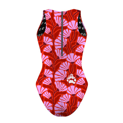 Emily's Pink Poppy Floral Design - Women's Waterpolo Swimsuit Classic Cut