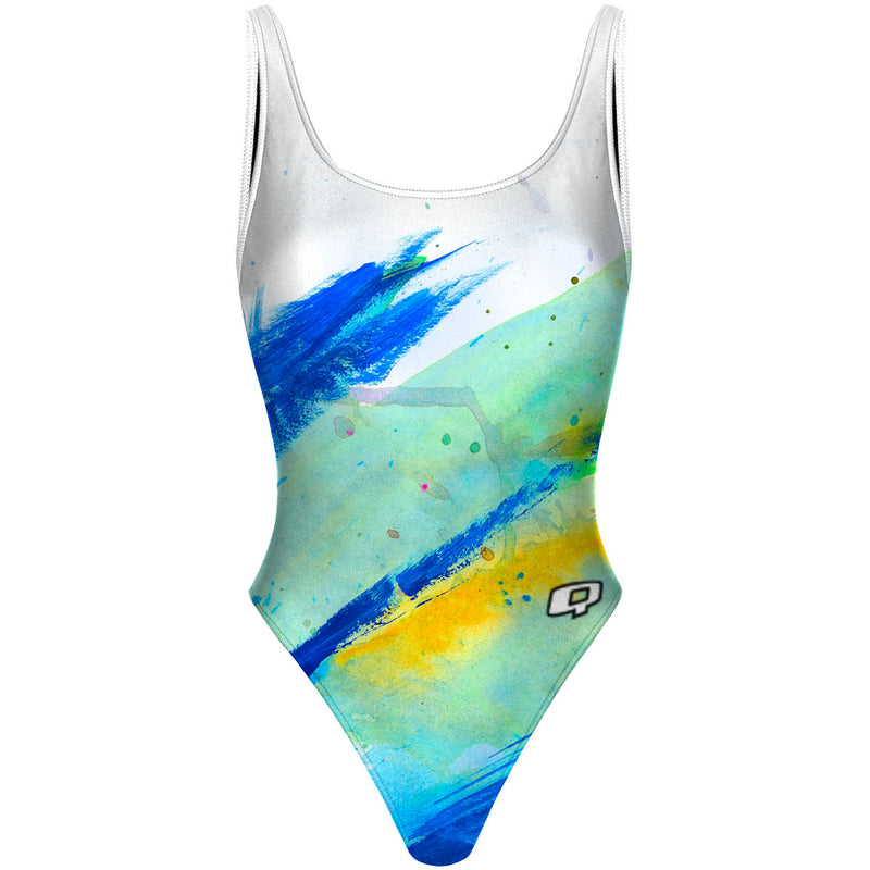 Blue Brush Strokes - High Hip One Piece Swimsuit