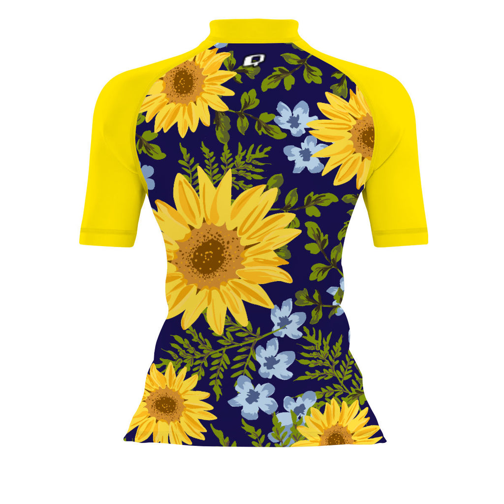 Blue Sunflower V1 - Women's Surf UPF50+ Short Sleeve Rash Guard