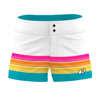 White Block & Multicolor Stripes - Women Board Shorts