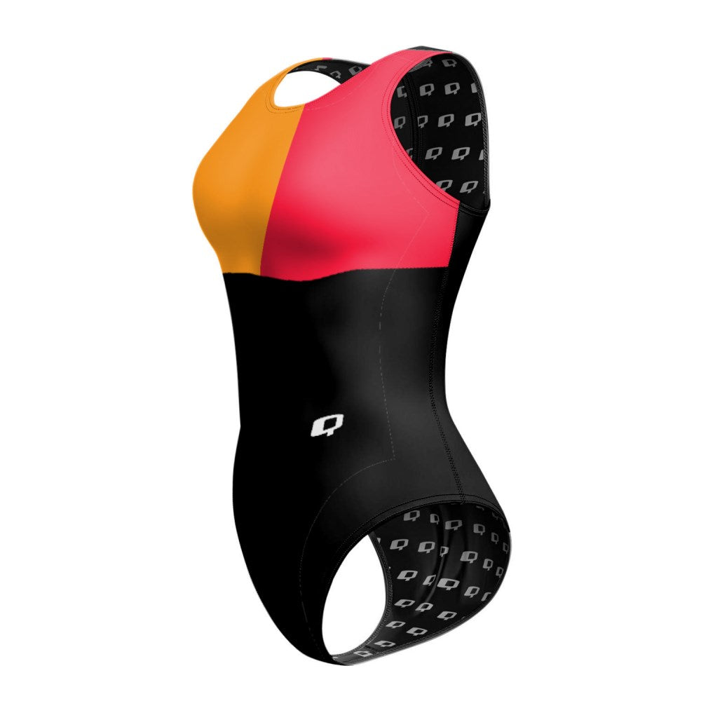 Tricolor Black, Orange and Red - Women Waterpolo Swimsuit Classic Cut